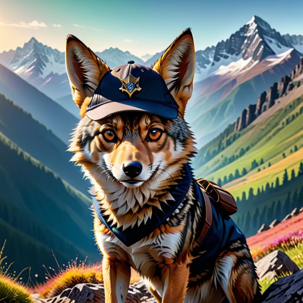 Pic of a jackal in a cap in the mountains