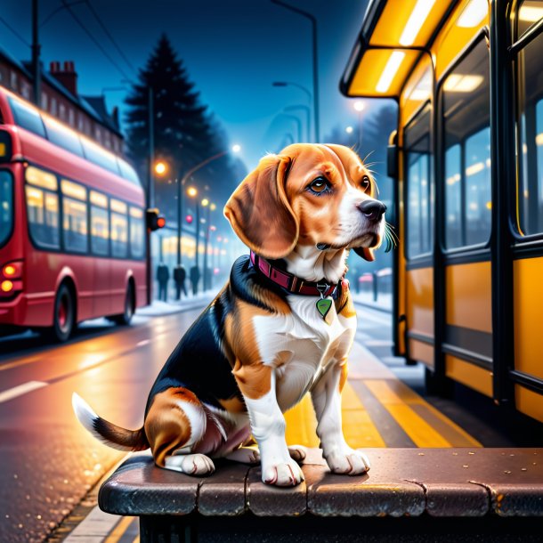 Imagem de um beagle em luvas no ponto de ônibus