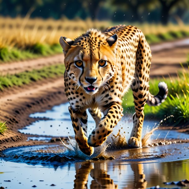 Picture of a jumping of a cheetah in the puddle