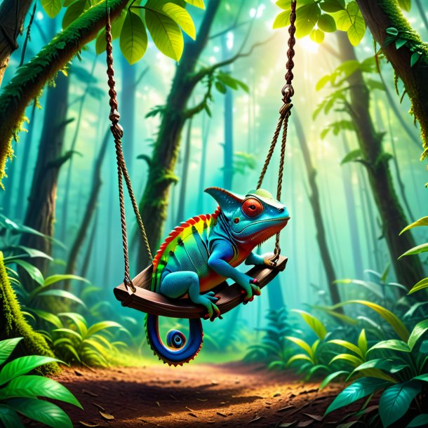 Picture of a swinging on a swing of a chameleon in the forest