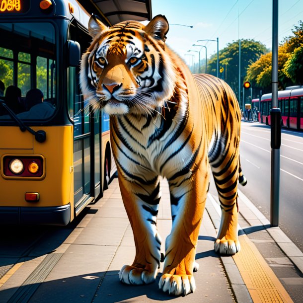 Foto de um tigre em uma calça no ponto de ônibus