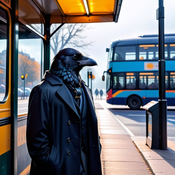 Imagem de um corvo em um casaco no ponto de ônibus