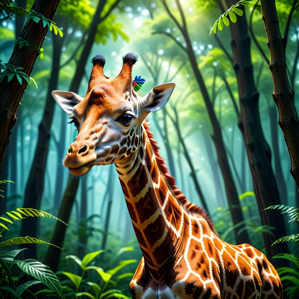 Picture of a giraffe in a hat in the forest