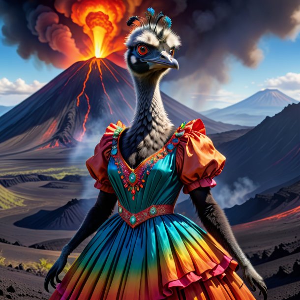 Dibujo de un emu en un vestido en el volcán