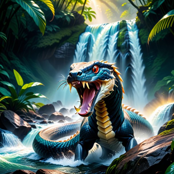 Photo of a threatening of a cobra in the waterfall