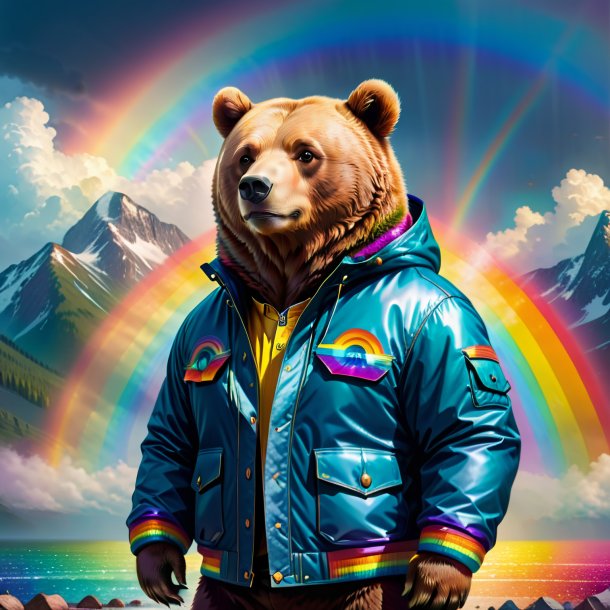 Illustration of a bear in a jacket on the rainbow