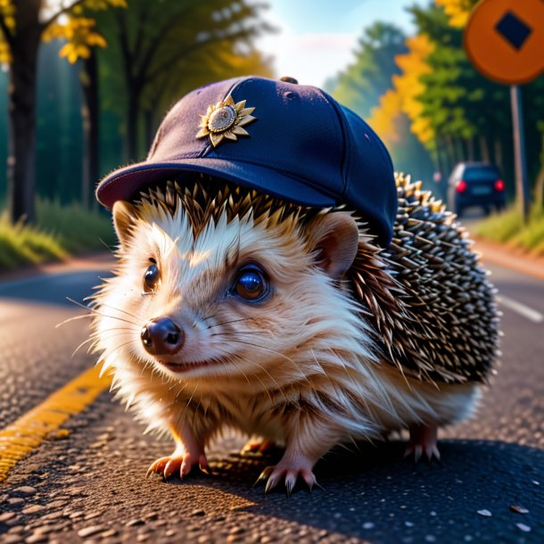 Image of a hedgehog in a cap on the road