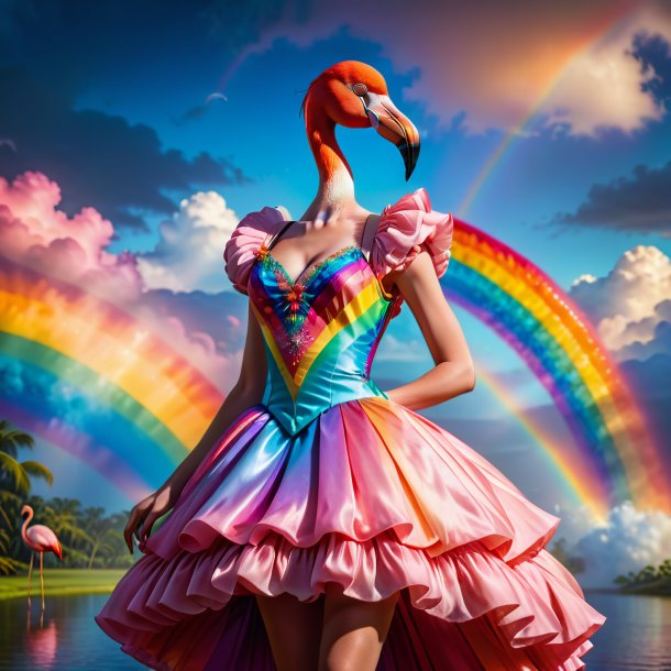 Picture of a flamingo in a dress on the rainbow