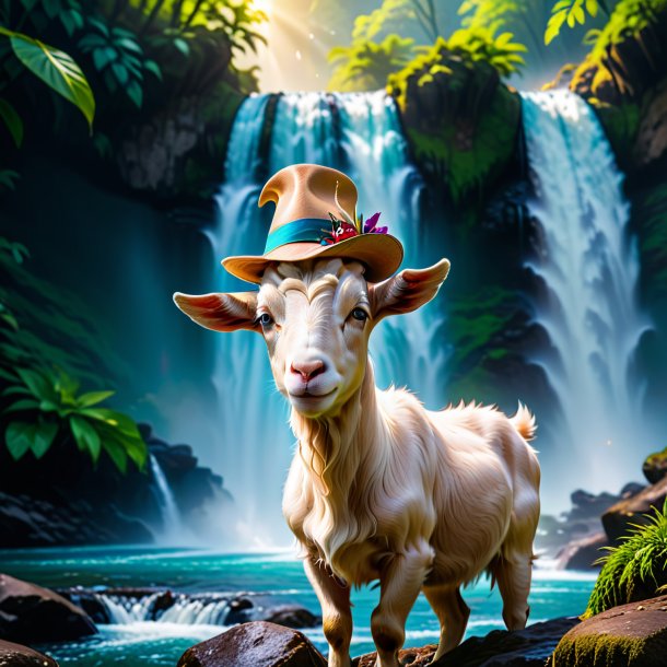 Photo of a goat in a hat in the waterfall