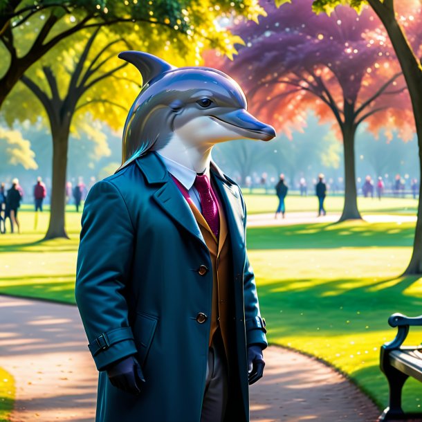 Image of a dolphin in a coat in the park