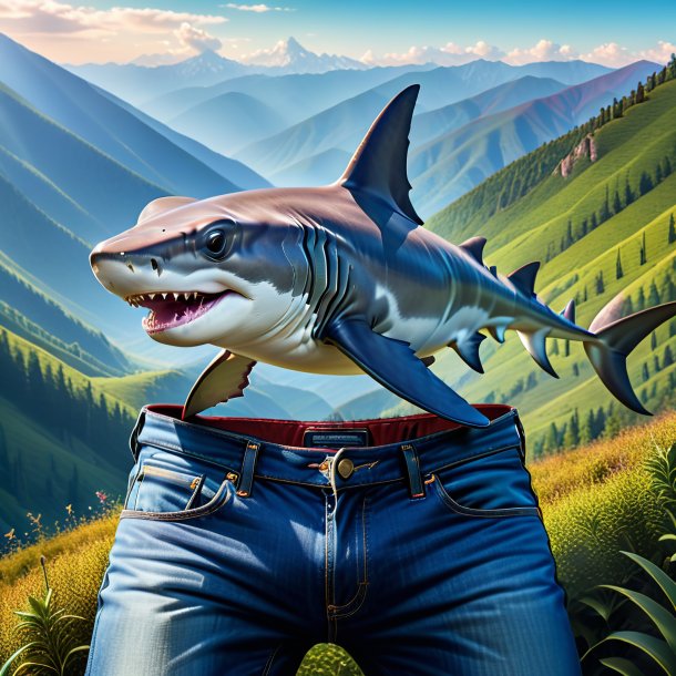 Image of a hammerhead shark in a jeans in the mountains