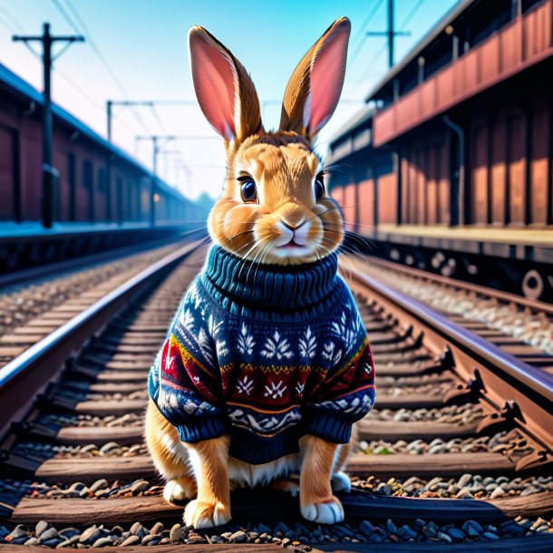 Image of a rabbit in a sweater on the railway tracks