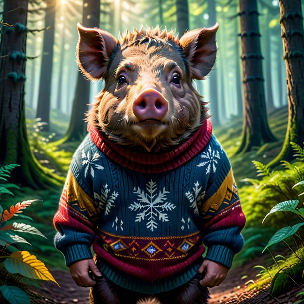 Image of a boar in a sweater in the forest