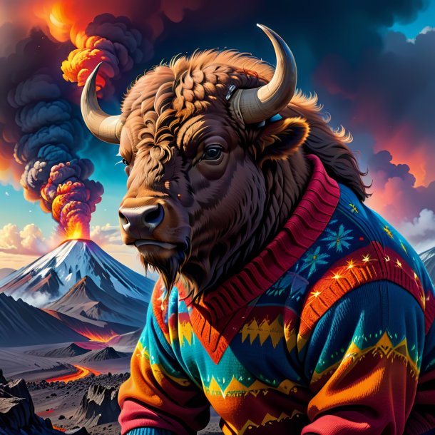 Drawing of a bison in a sweater in the volcano