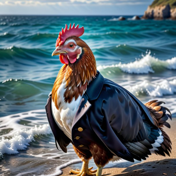 Foto de uma galinha em um casaco no mar