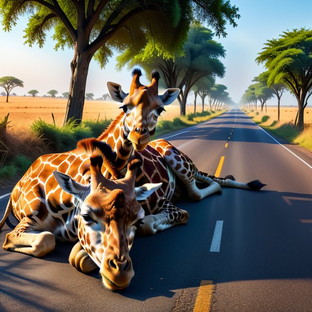 Photo d'un sommeil d'une girafe sur la route