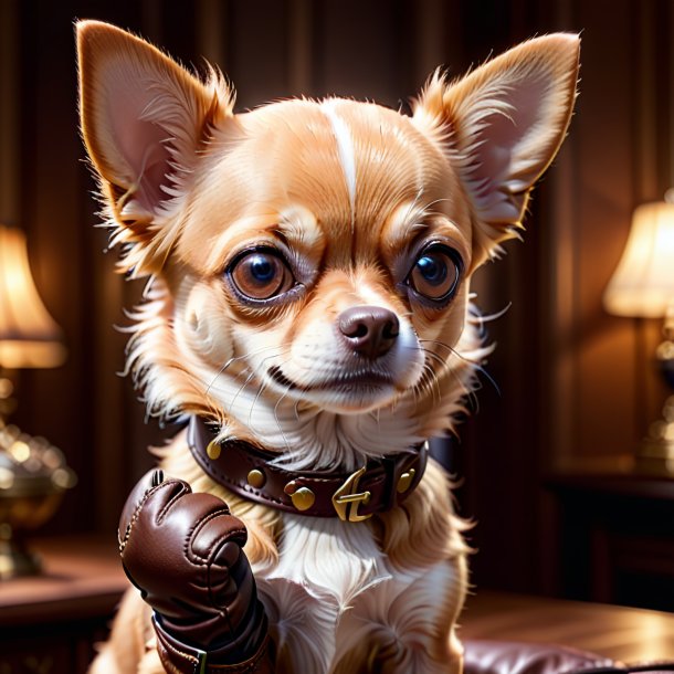 Photo of a chihuahua in a brown gloves