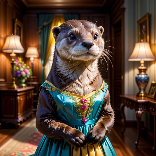 Pic d'une loutre dans une robe dans la maison