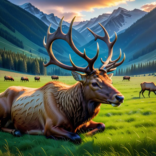 Image of a sleeping of a elk on the field