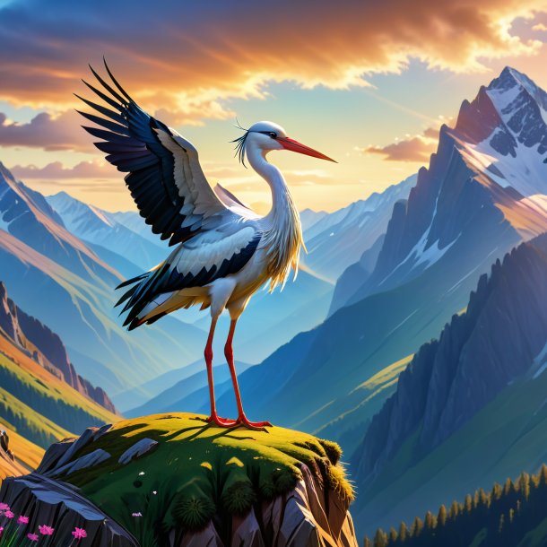 Picture of a stork in a skirt in the mountains