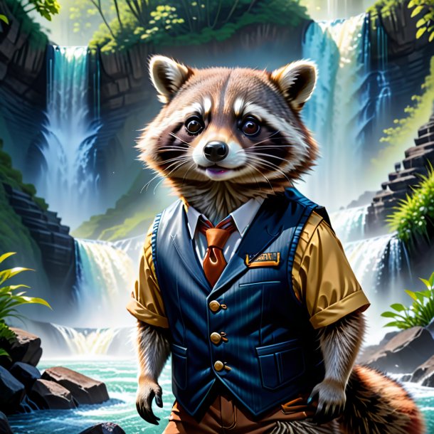 Illustration of a raccoon in a vest in the waterfall