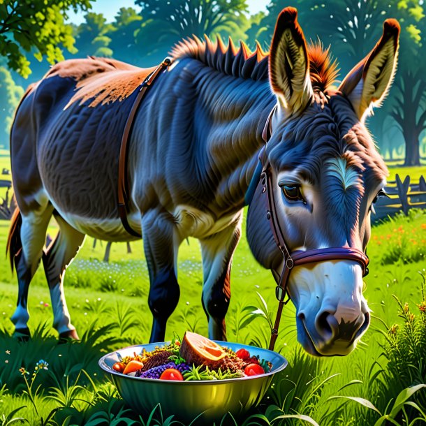 Imagem de um comer de um burro no prado