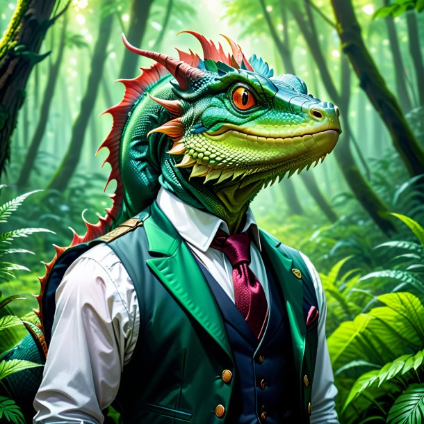 Illustration of a basilisk in a vest in the forest