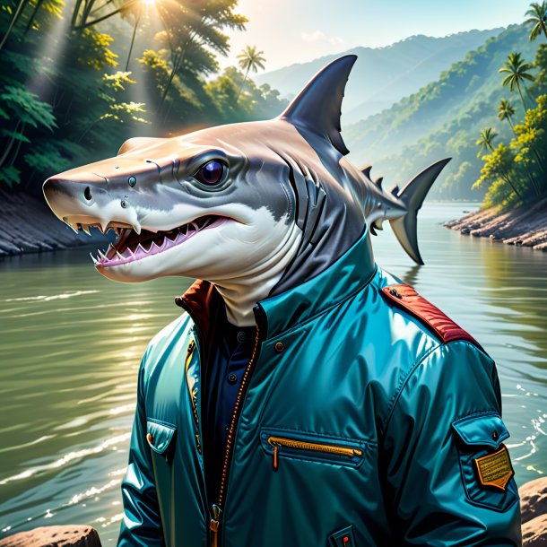 Drawing of a hammerhead shark in a jacket in the river