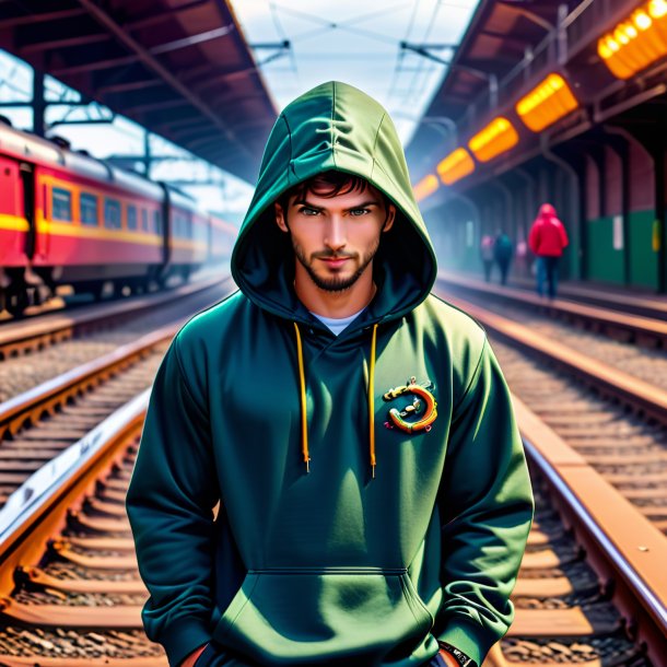 Imagen de una serpiente en una sudadera con capucha en las vías del ferrocarril