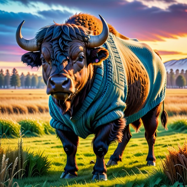 Photo of a buffalo in a sweater on the field