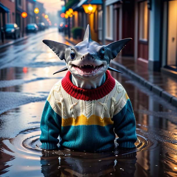 Photo of a hammerhead shark in a sweater in the puddle