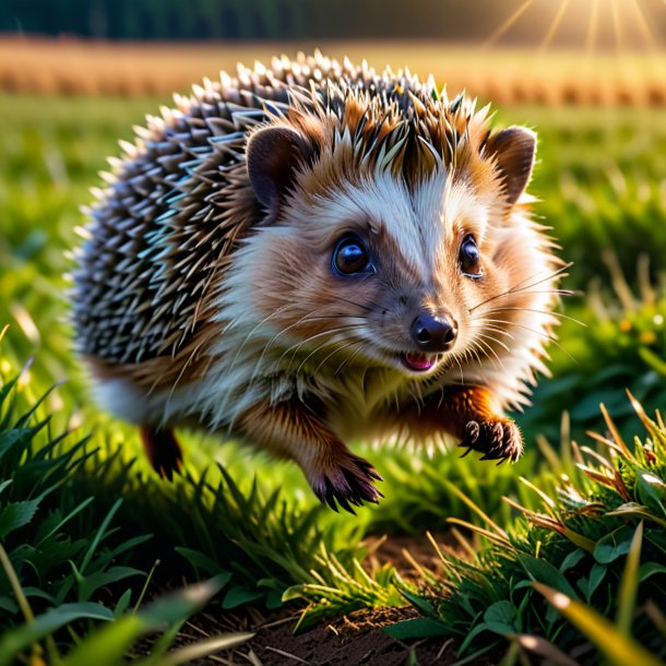 Picture of a jumping of a hedgehog on the field