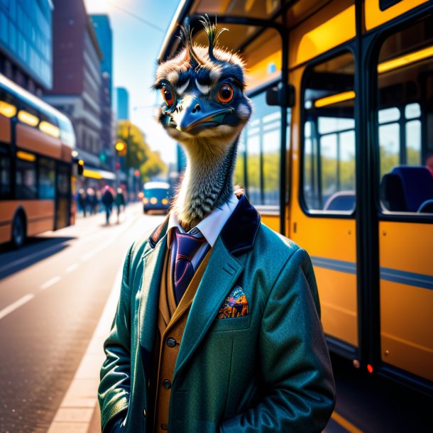 Photo of a emu in a jacket on the bus stop