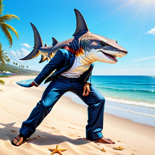 Drawing of a hammerhead shark in a trousers on the beach