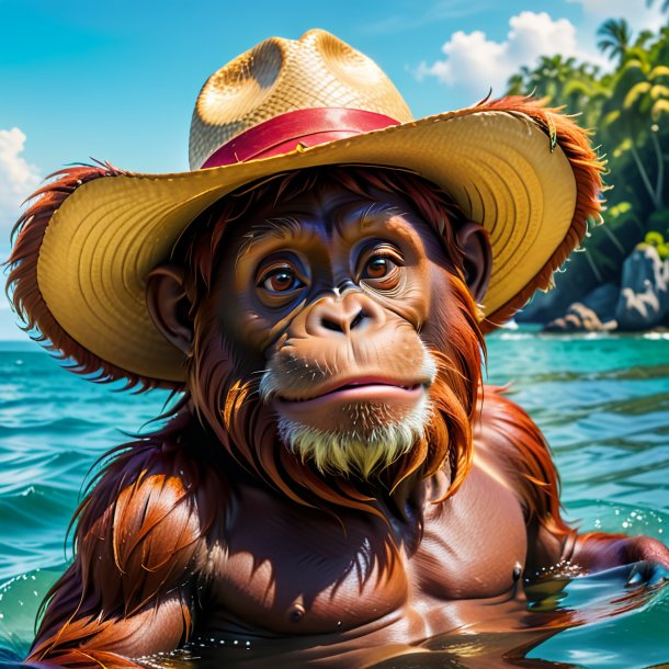 Photo of a orangutan in a hat in the sea