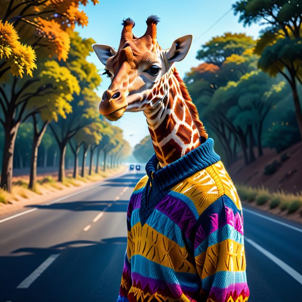 Illustration of a giraffe in a sweater on the road