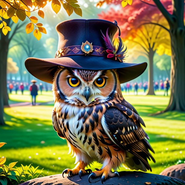 Image of a owl in a hat in the park