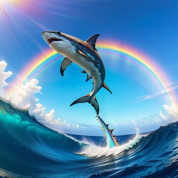 Pic of a jumping of a hammerhead shark on the rainbow