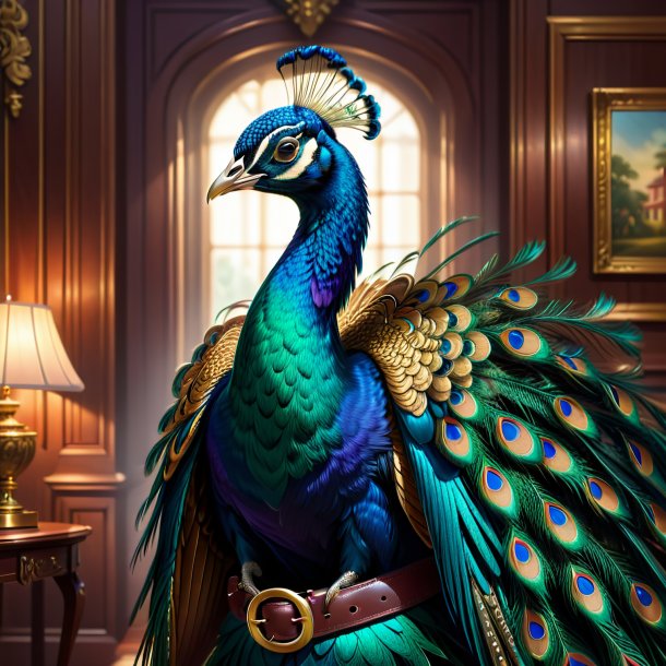 Illustration of a peacock in a belt in the house