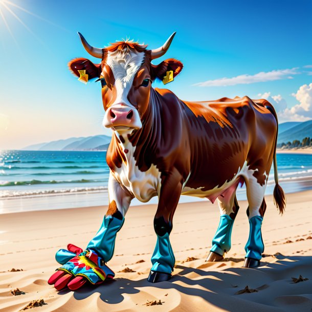 Foto de una vaca en guantes en la playa