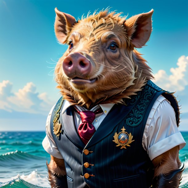 Picture of a boar in a vest in the sea