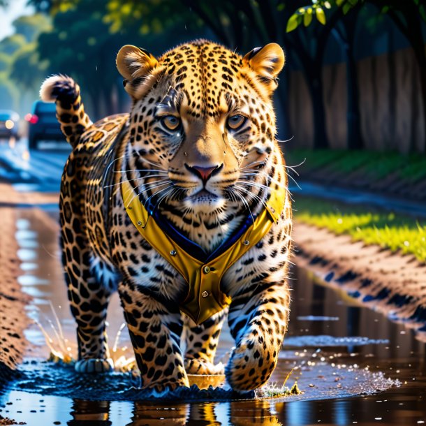 Picture of a leopard in a vest in the puddle