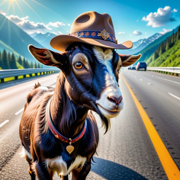 Pic of a goat in a hat on the highway