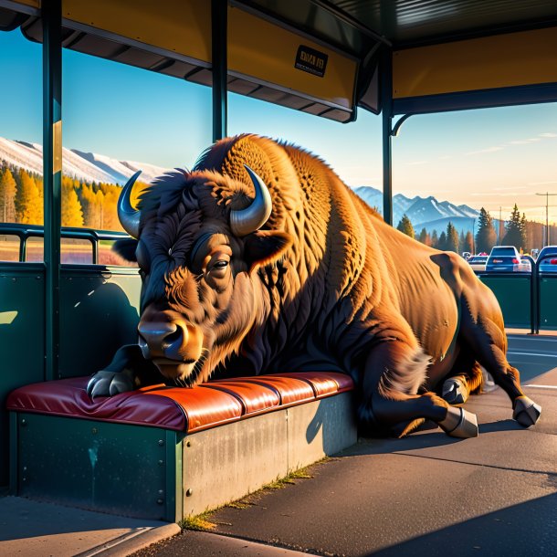 Image of a sleeping of a bison on the bus stop