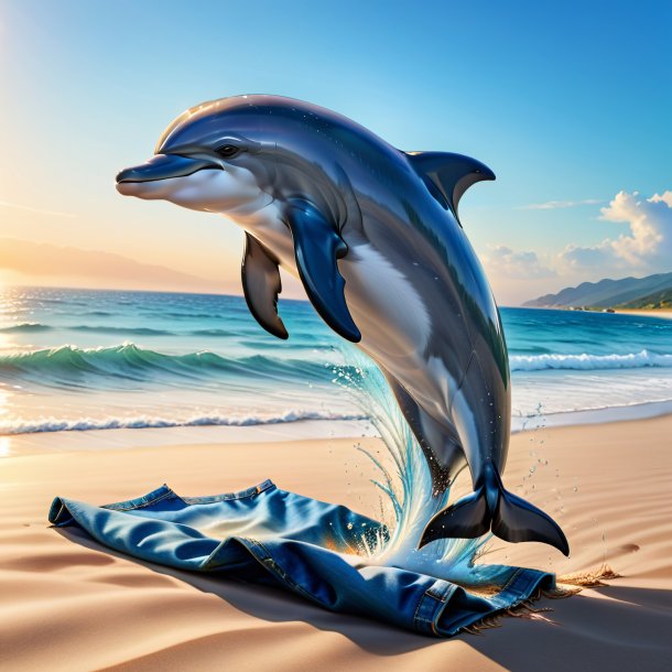 Image of a dolphin in a jeans on the beach