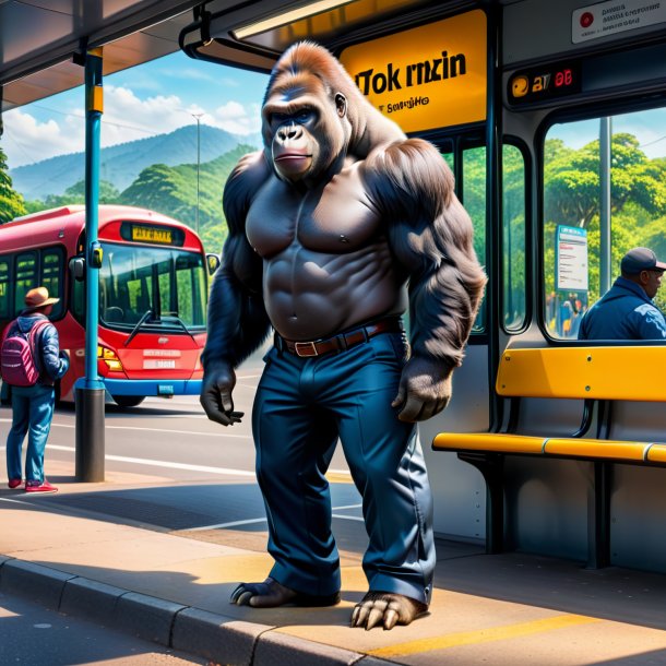 Picture of a gorilla in a trousers on the bus stop