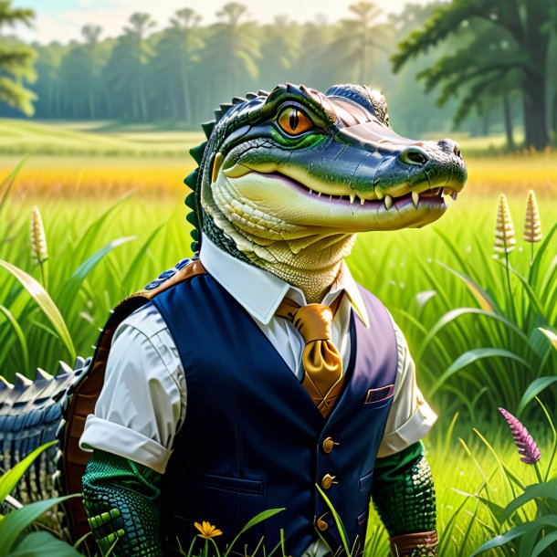 Dessin d'un alligator dans un gilet dans la prairie