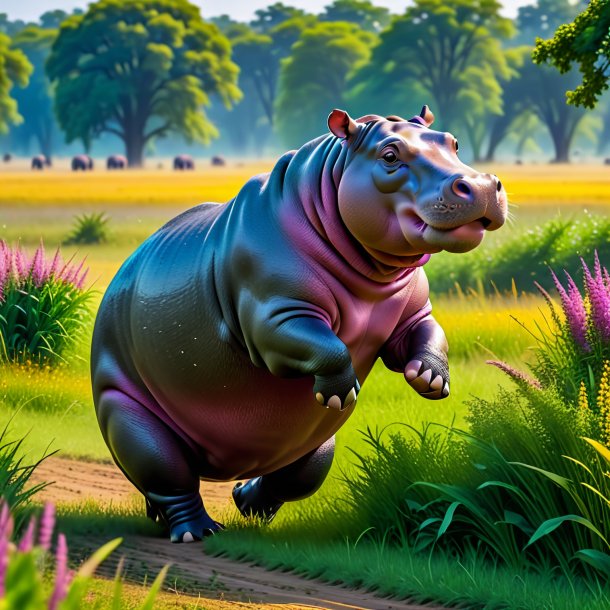 Pic d'une danse d'un hippopotame dans la prairie