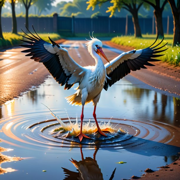 Image of a dancing of a stork in the puddle