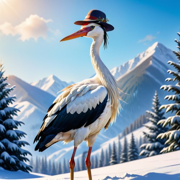 Photo of a stork in a hat in the snow